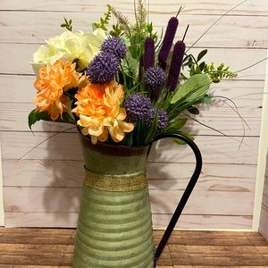 Beautiful Purple, Peach, and Cream Flower Arrangememt in Galvanized Pitcher
